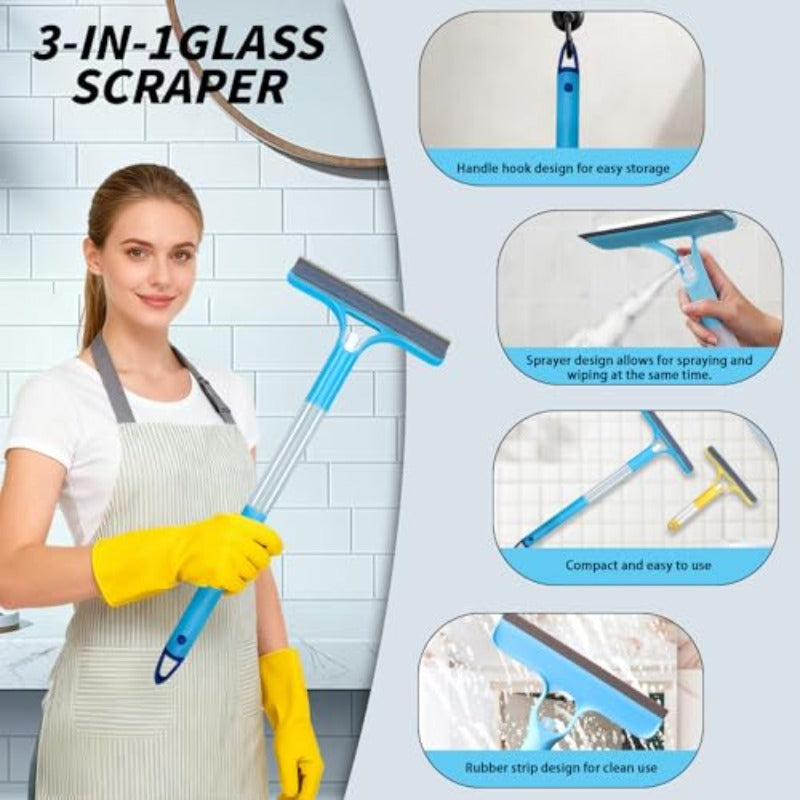 3pcs 3in 1 Window Cleaning Scraper with 1 Long Handle Mirror Squeegee with Sprayer and 2 Short Handle Glass Cleaner Squeegee for Window Glass Shower Room Glass Mirrors Car Window.