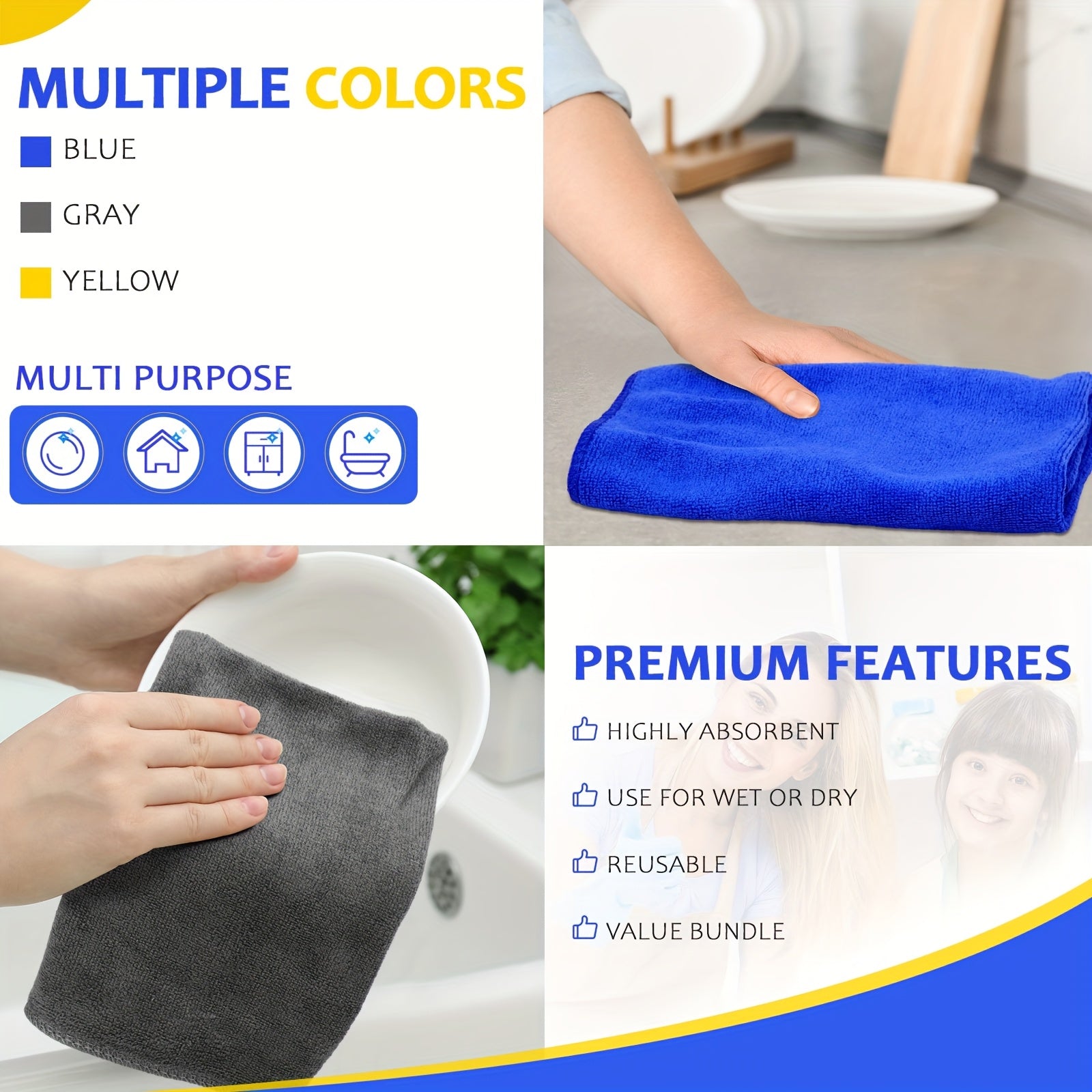 60 Count Microfiber Cleaning Cloths for Cars 15.75 X 15.75 Inch Ultra Absorbent Car Towels Drying Reusable Cleaning Supplies House Kitchen Window Microfiber Towel (Blue, Gray, Yellow)