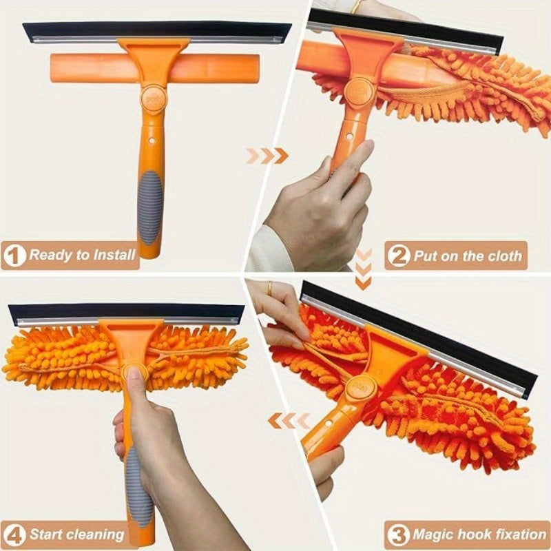 Car Window Cleaning Tool Set, Rubber Scraper Window Cleaning Dust Collector 2In 1, Rotatable, Equipped with 10 Extension Rods And 2 Cleaning Cloths, Suitable for Indoor And Outdoor Window Cleaning Equipment., Car Window Cleaning Tool