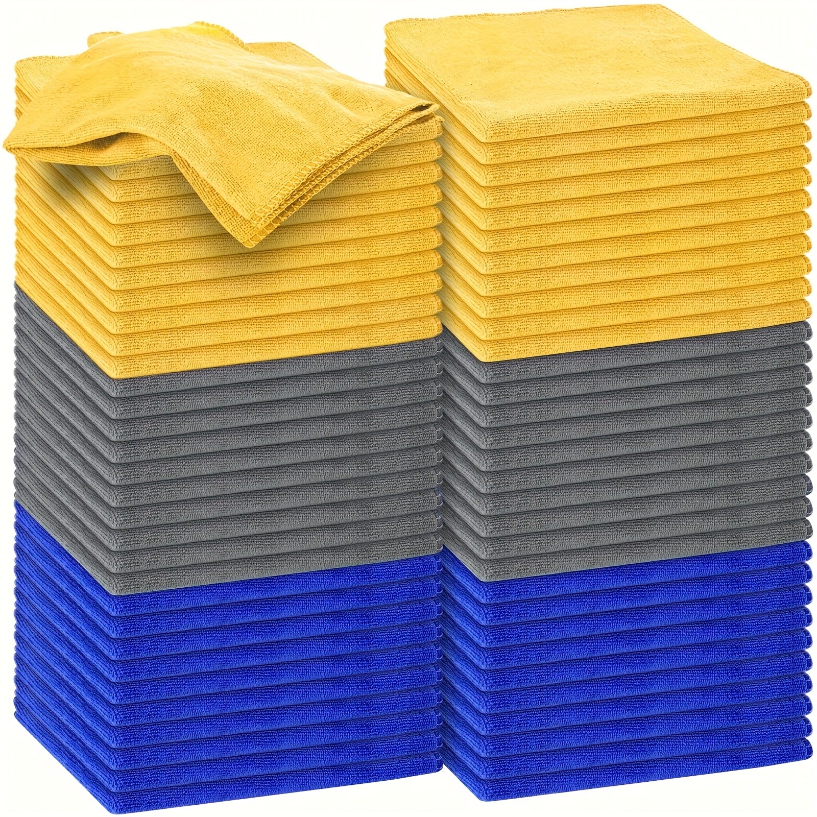 60 Count Microfiber Cleaning Cloths for Cars 15.75 X 15.75 Inch Ultra Absorbent Car Towels Drying Reusable Cleaning Supplies House Kitchen Window Microfiber Towel (Blue, Gray, Yellow)
