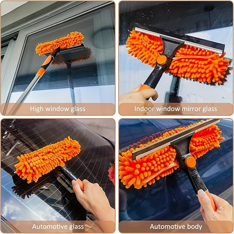 Car Window Cleaning Tool Set, Rubber Scraper Window Cleaning Dust Collector 2In 1, Rotatable, Equipped with 10 Extension Rods And 2 Cleaning Cloths, Suitable for Indoor And Outdoor Window Cleaning Equipment., Car Window Cleaning Tool