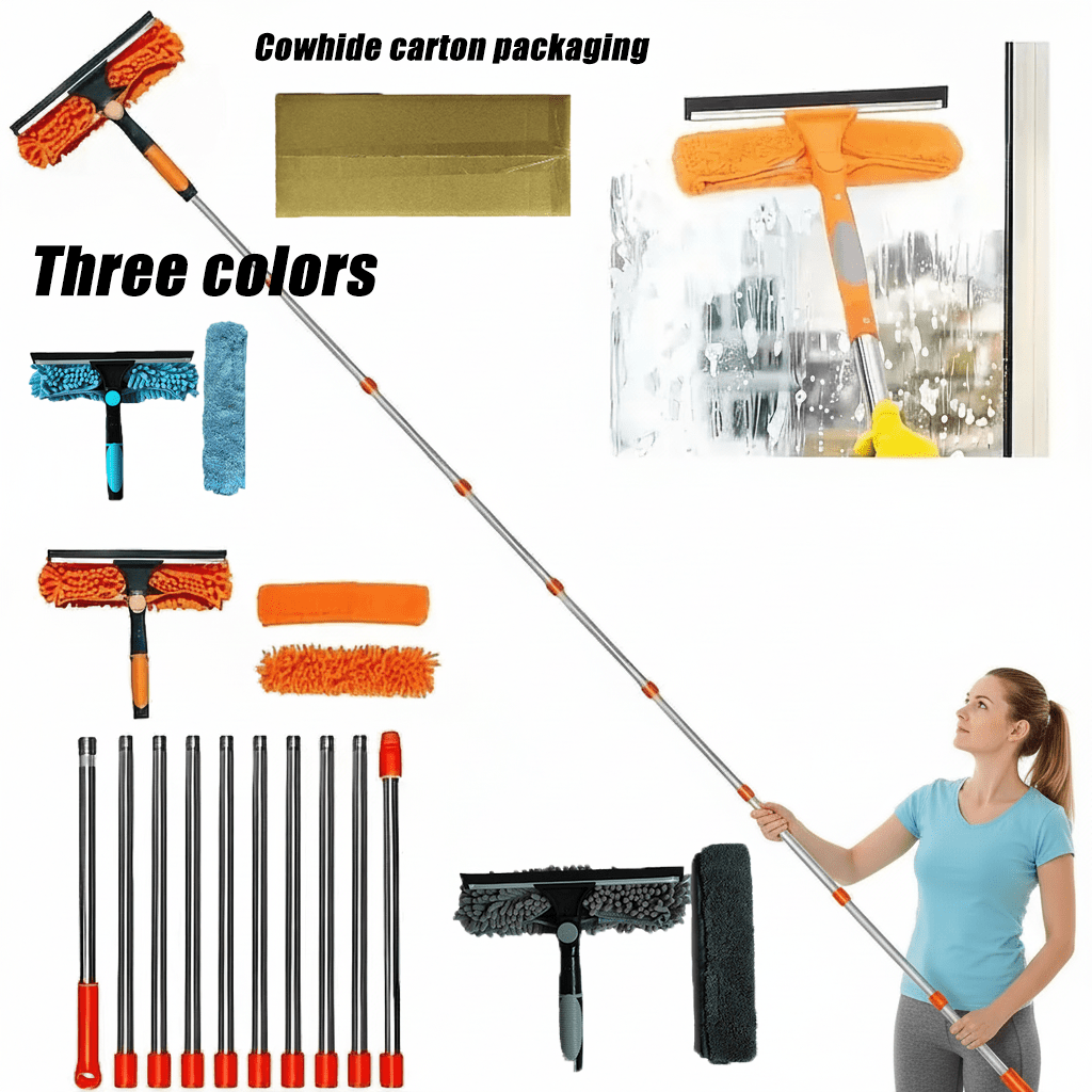 Car Window Cleaning Tool Set, Rubber Scraper Window Cleaning Dust Collector 2In 1, Rotatable, Equipped with 10 Extension Rods And 2 Cleaning Cloths, Suitable for Indoor And Outdoor Window Cleaning Equipment., Car Window Cleaning Tool
