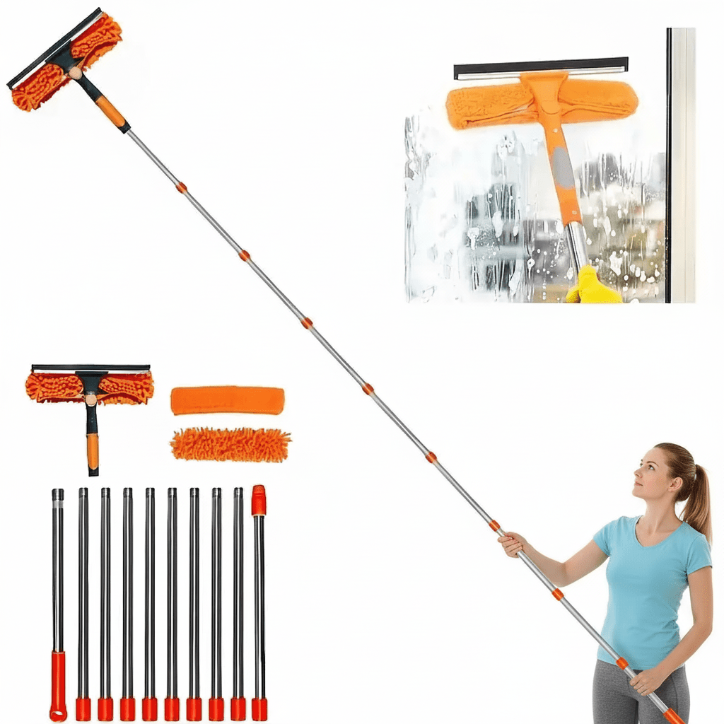 Car Window Cleaning Tool Set, Rubber Scraper Window Cleaning Dust Collector 2In 1, Rotatable, Equipped with 10 Extension Rods And 2 Cleaning Cloths, Suitable for Indoor And Outdoor Window Cleaning Equipment., Car Window Cleaning Tool