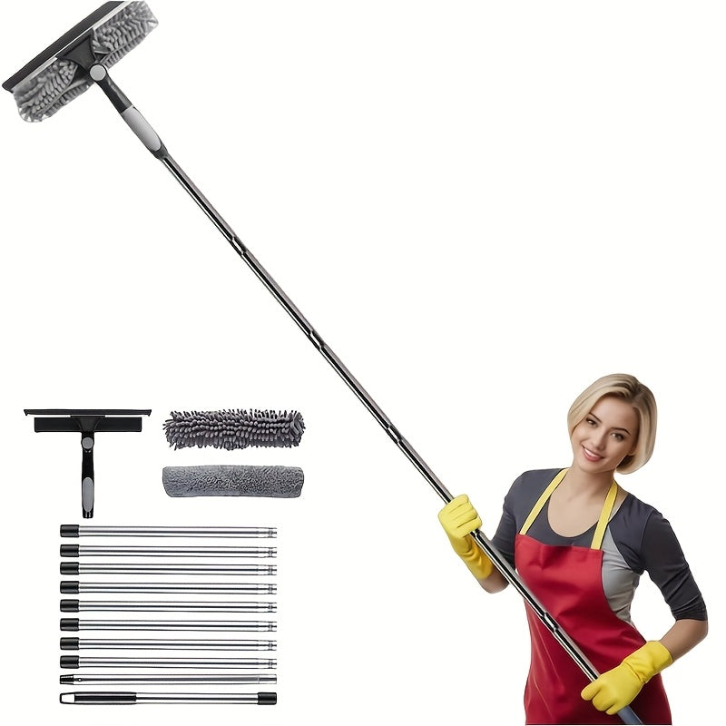 Car Window Cleaning Tool Set, Rubber Scraper Window Cleaning Dust Collector 2In 1, Rotatable, Equipped with 10 Extension Rods And 2 Cleaning Cloths, Suitable for Indoor And Outdoor Window Cleaning Equipment., Car Window Cleaning Tool