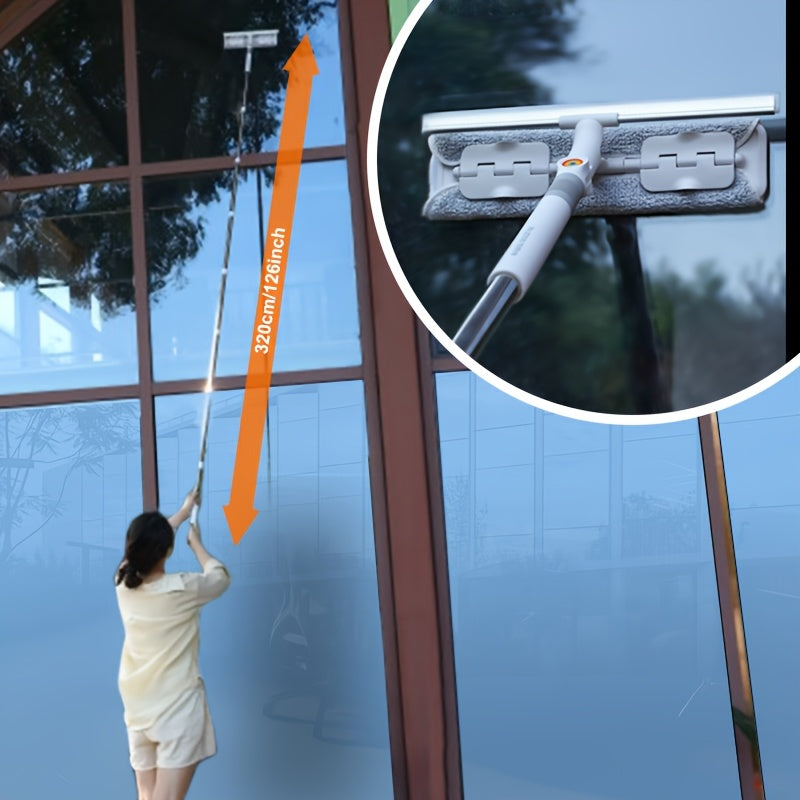 1set, Joybos 2in 1 Glass Cleaning Squeegee&Garden Cleaning Mop: with 4 Replaceable Pads, 126 inch long pole, Glass Squeegee with Scraper, Ideal for High Glass Surfaces&patio&Car, Adjustable length cleaning tool