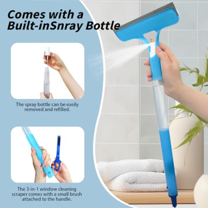 3pcs 3in 1 Window Cleaning Scraper with 1 Long Handle Mirror Squeegee with Sprayer and 2 Short Handle Glass Cleaner Squeegee for Window Glass Shower Room Glass Mirrors Car Window.
