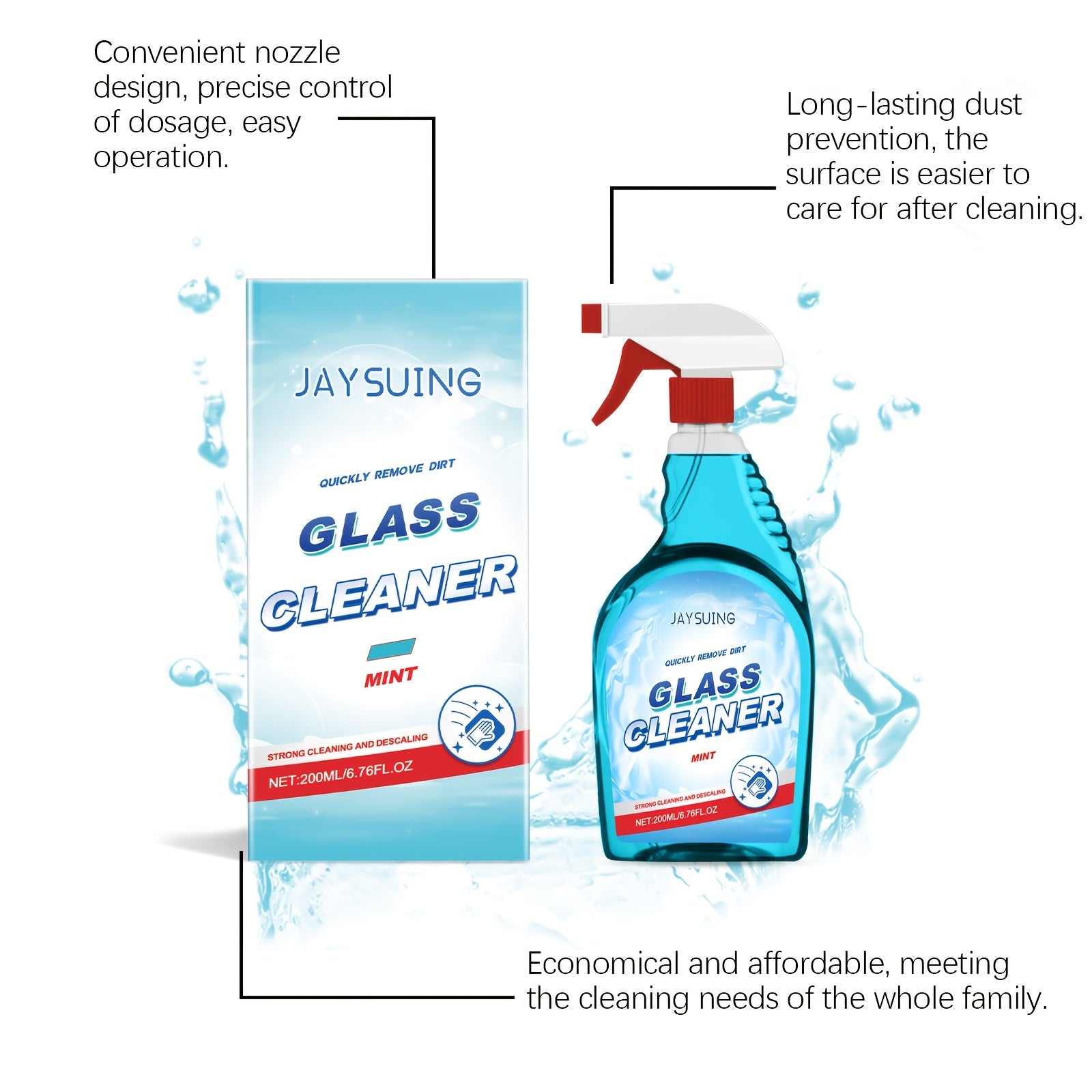 Large Capacity 6.76oz Mint-flavored Glass Stain Remover Deeply Cleans The Glass, Making It Crystal Clear And Bright. It Is Suitable for Bathrooms And Doors And Windows. Just Spray And It Will Clean Thoroughly, Removing Stains In All Aspects