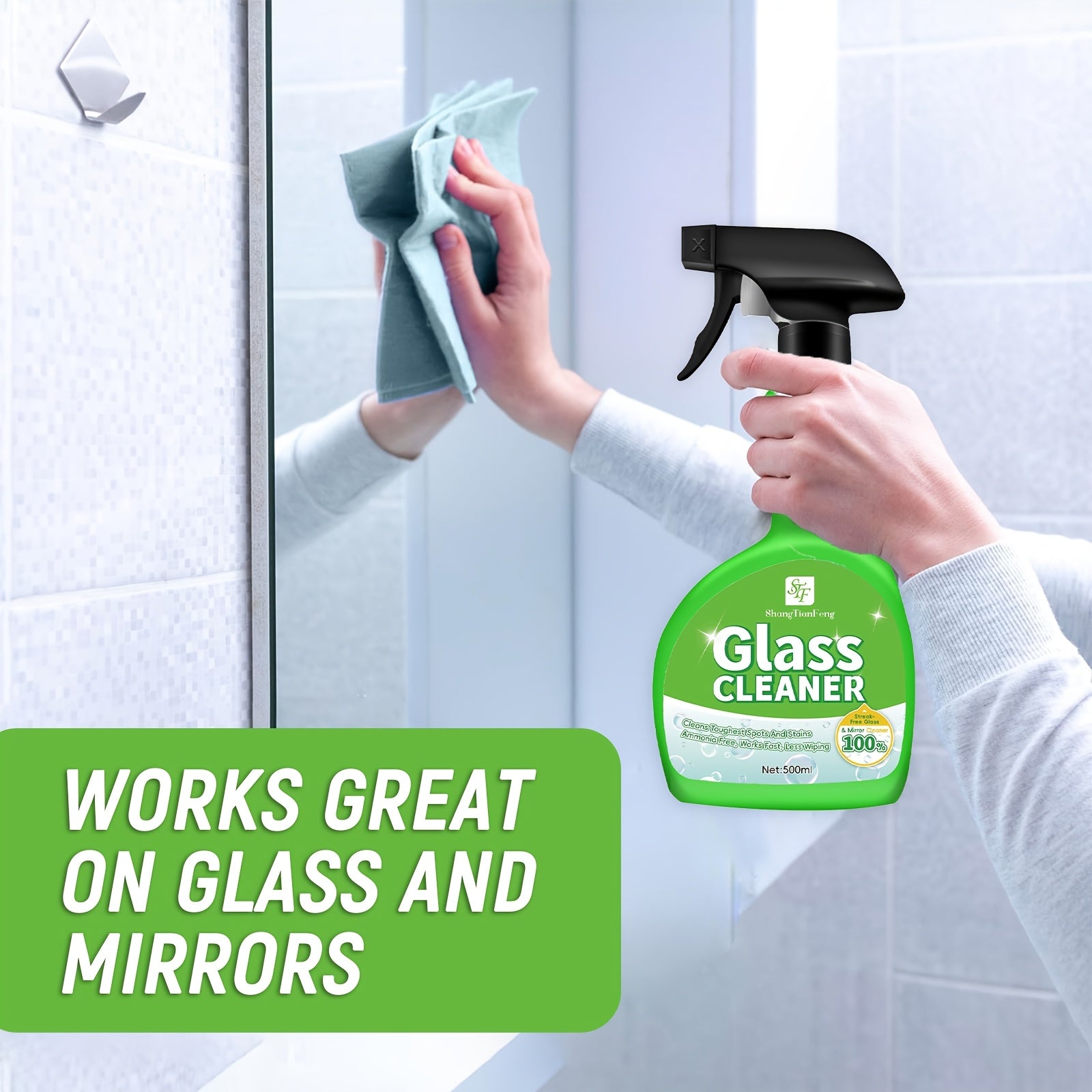 1\u002F2pcs Streak-Free & Ammonia-Free Glass Cleaner Spray, (Each 16oz\u002F500ml) - For Windows, Mirrors, Screens, Tinted Glass & Shower Doors (Indoor & Outdoor Glass S
